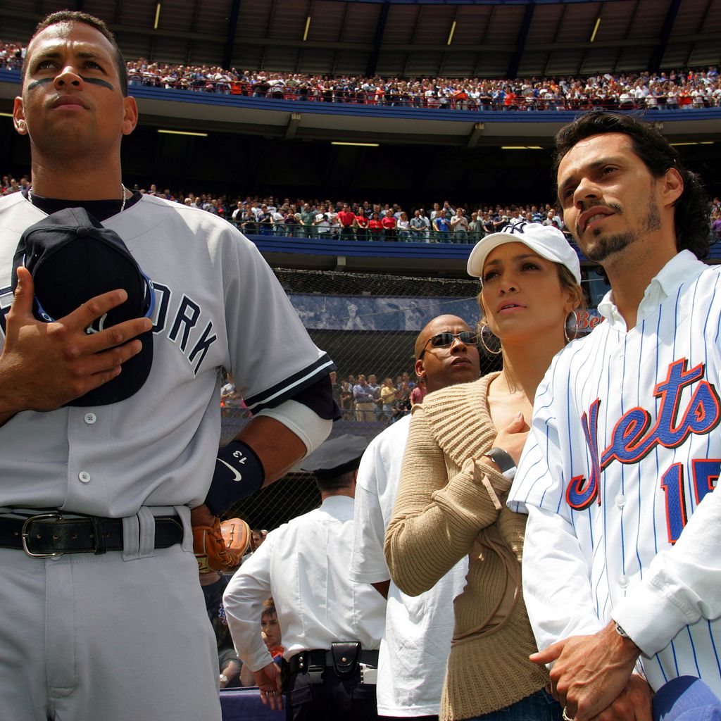 Alex Rodriguez, Jennifer Lopez und Marc Anthony 2005 bei einem Baseball-Spiel in New York City