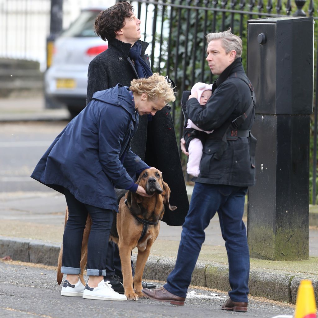 Amanda Abbington, Benedict Cumberbatch & Martin Freeman am "Sherlock"-Set in London