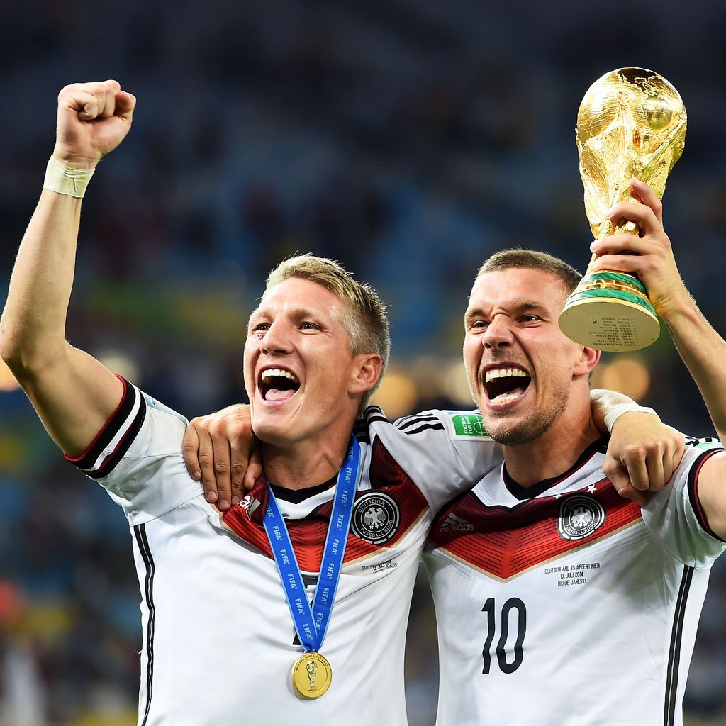 Bastian Schweinsteiger und Lukas Podolski bei der Fußballweltmeisterschaft 2014