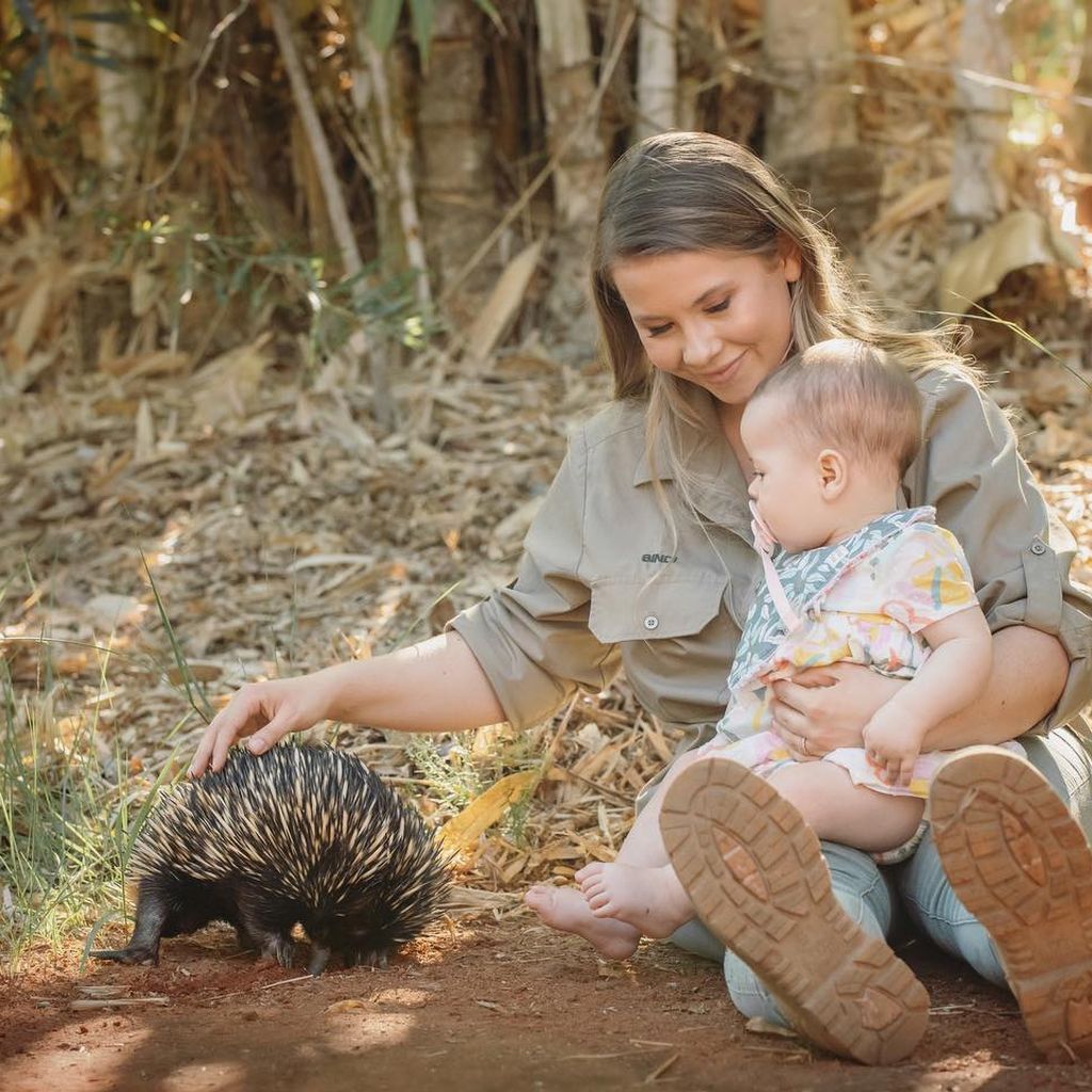 Bindi Irwin mit ihrer Tochter Grace und einem Ameisenigel
