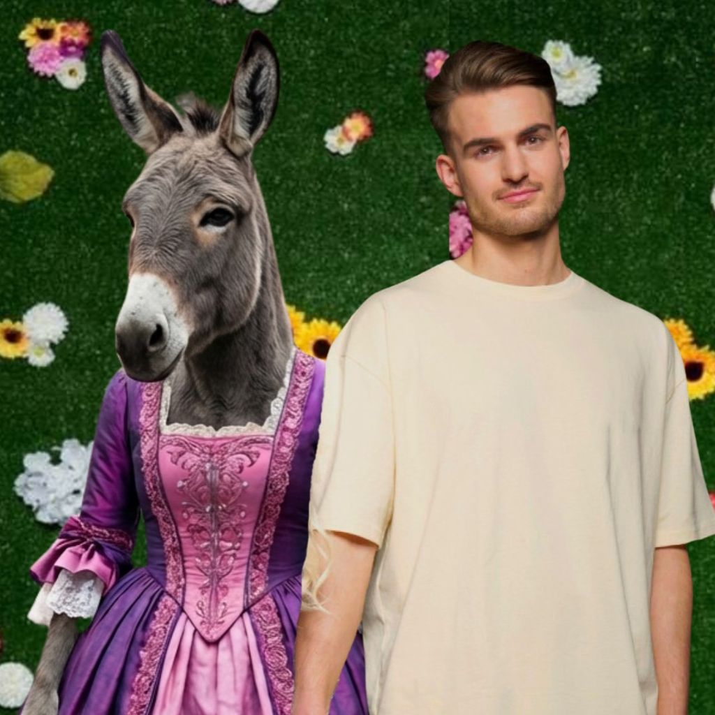 Can Kaplan hält die Hand eines KI-bearbeiteten Esels