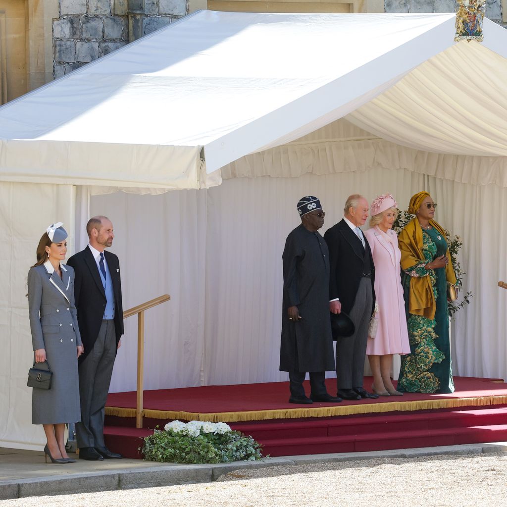 Kate, William, Bola Ahmed Tinubu, König Charles III., Königin Camilla und Oluremi Tinubu beim Staatsbesuch in Windsor