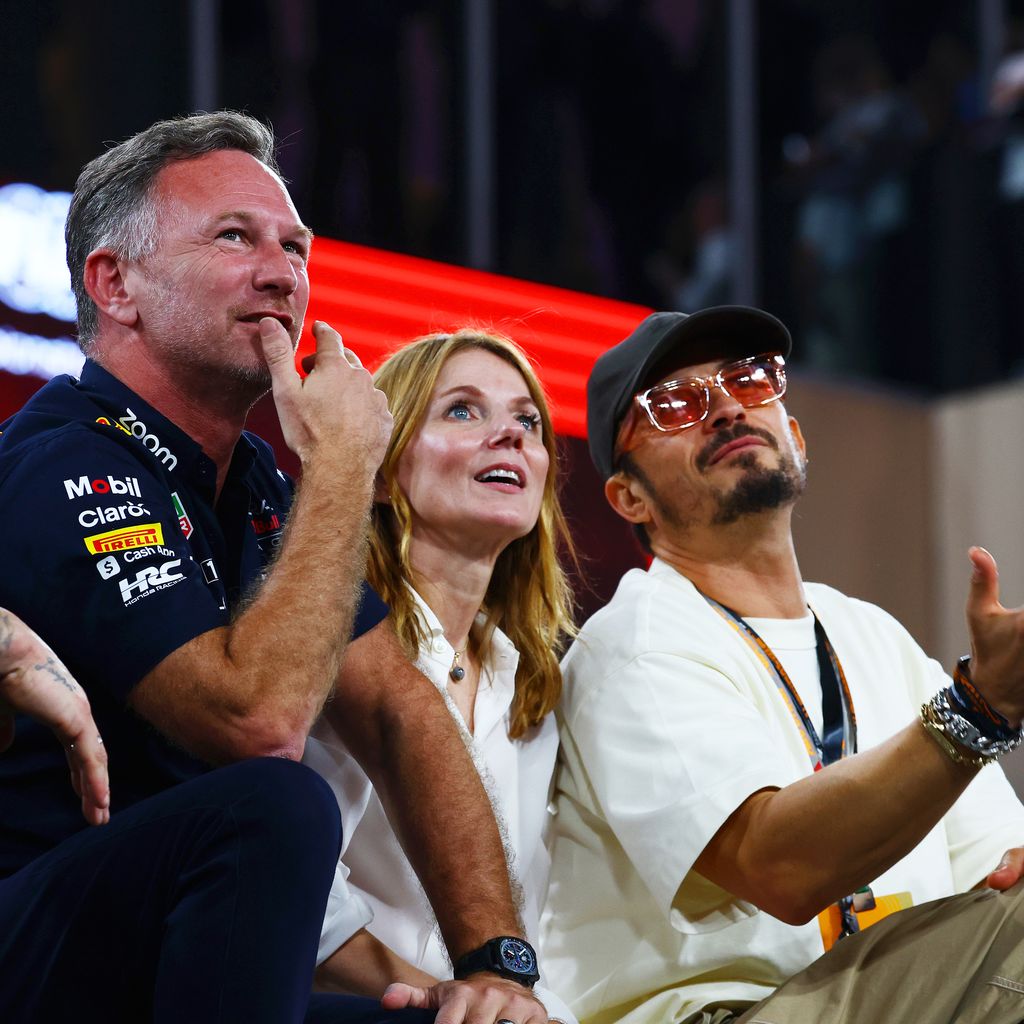 Christian Horner, Geri Halliwell und Orlando Bloom beim Formel-1-Rennen in Abu Dhabi, November 2023