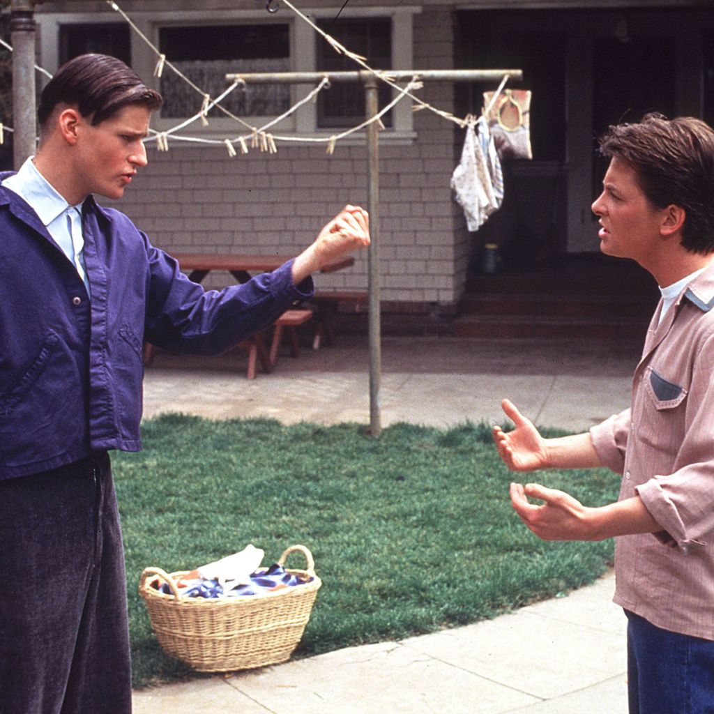Crispin Glover und Michael J. Fox in einer Szene aus "Zurück in die Zukunft", 1985