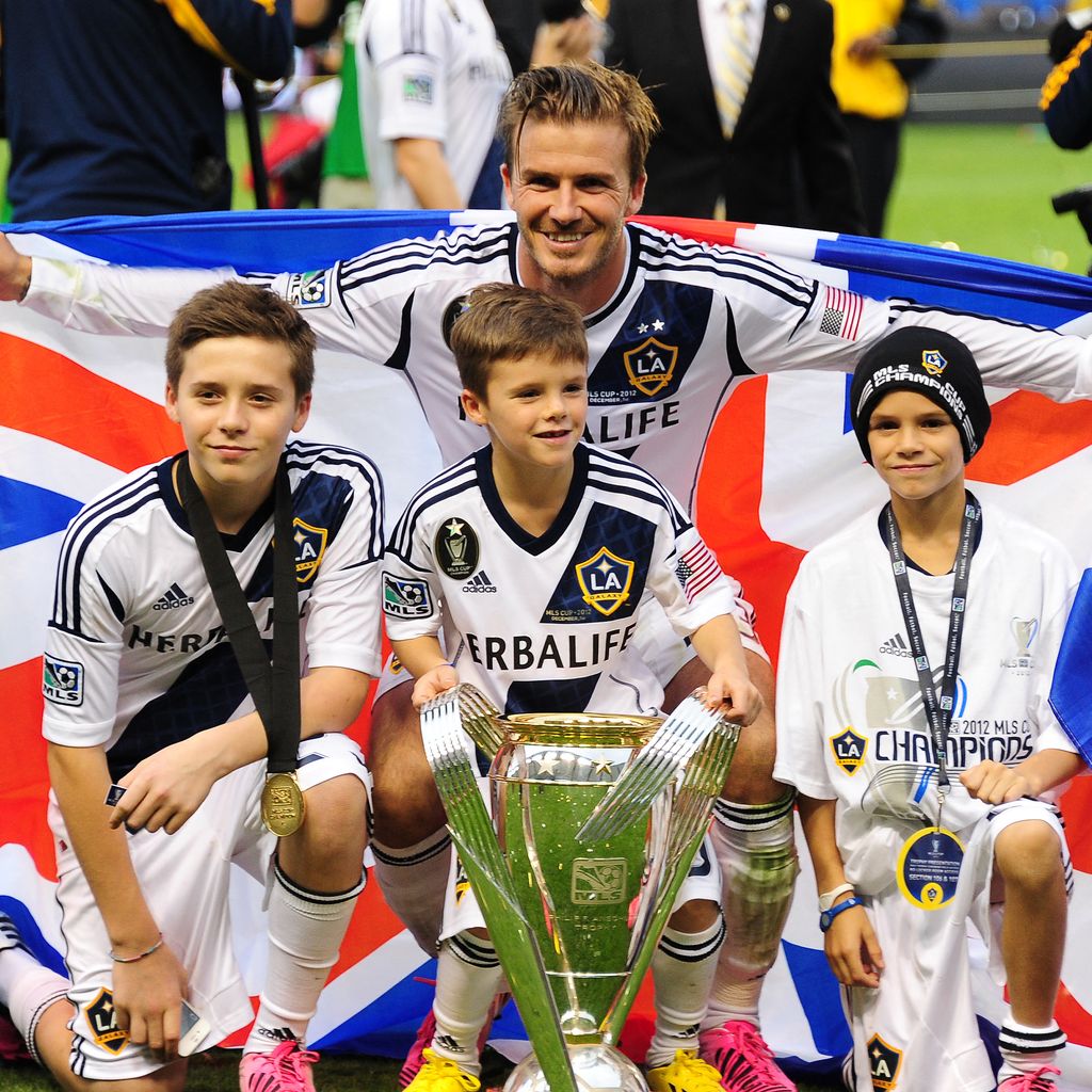 David Beckham mit Brooklyn, Cruz und Romeo nach dem MLS-Cup-Sieg der LA Galaxy 2012