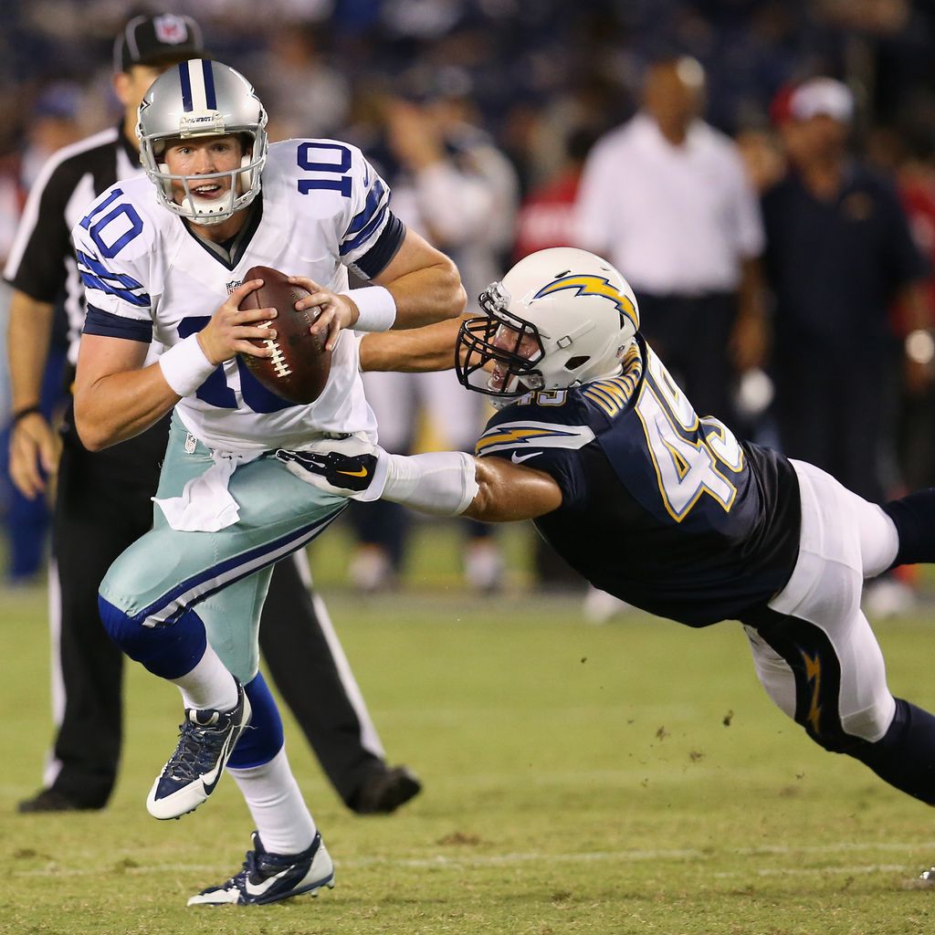 Dustin Vaughan und Colton Underwood während eines NFL-Spiels im August 2014