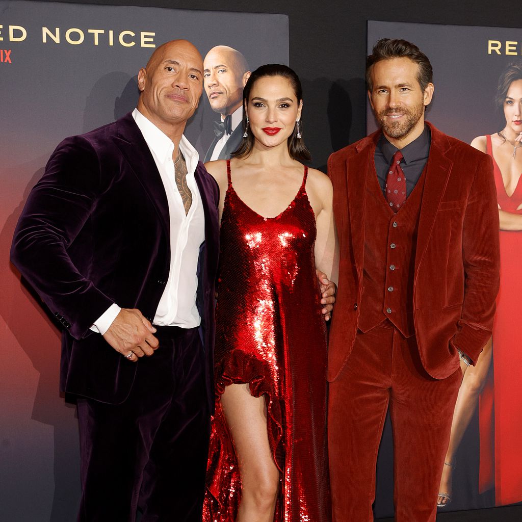 Dwayne Johnson, Gal Gadot und Ryan Reynolds bei der Premiere von "Red Notice"