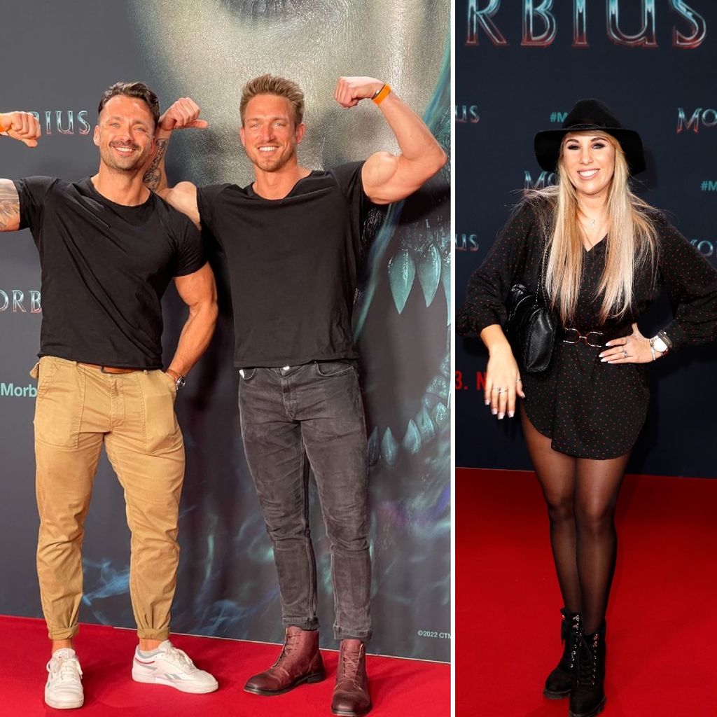 Filip Nikolic, Patrick Fabian und Annemarie Eilfeld beim "Morbius"-Screening in Berlin