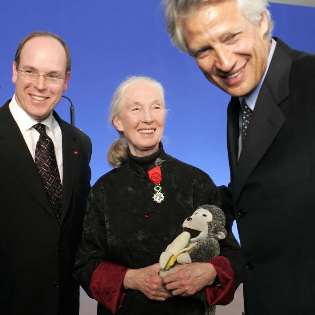Fürst Albert mit Jane Goodall und Premierminister Dominique de Villepin, 2005