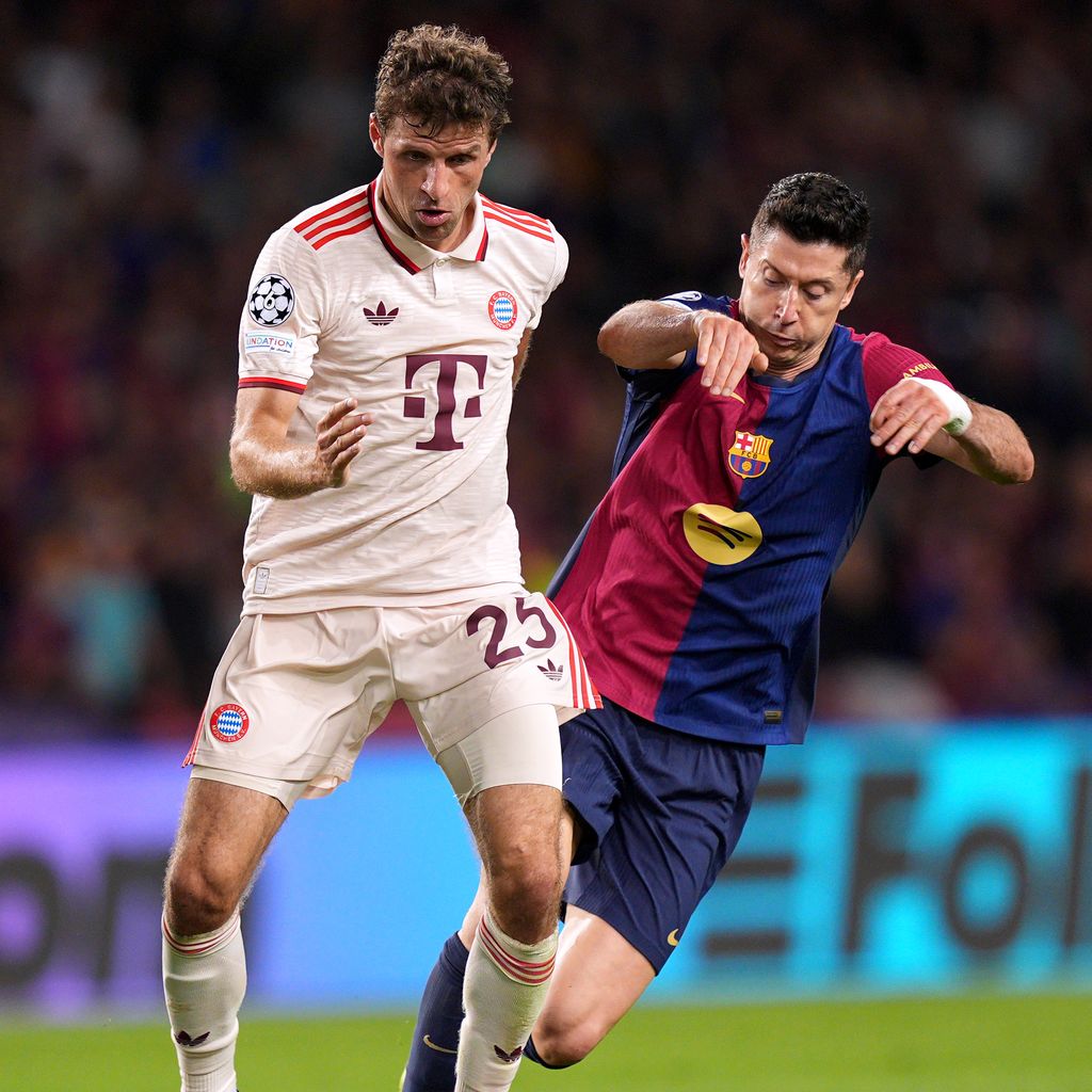 Thomas Müller und Robert Lewandowski im Champions-League-Spiel FC Bayern München gegen FC Barcelona