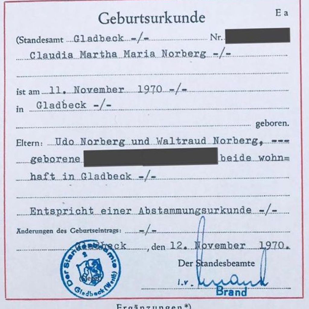 Claudia Norbergs Geburtsurkunde
