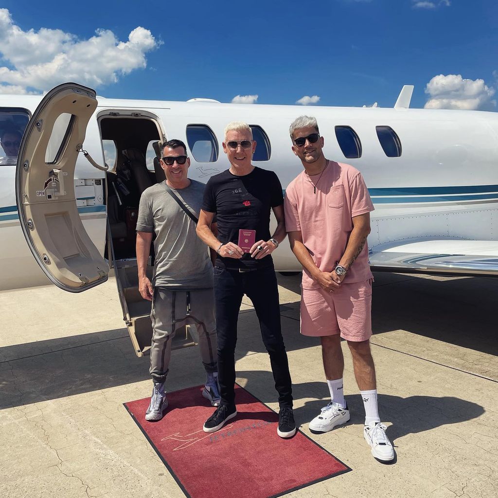 H.P. Baxxter mit seinen Ex-Scooter-Kollegen Michael Simon (l.) und Sebastian Schilde (r.), Juni 2022