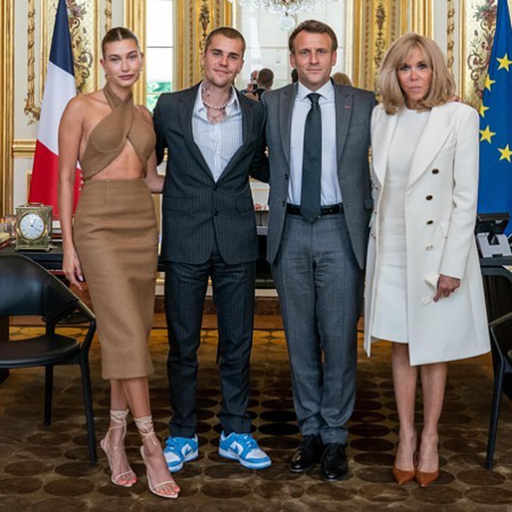 Hailey und Justin Bieber mit Emmanuel und Brigitte Macron