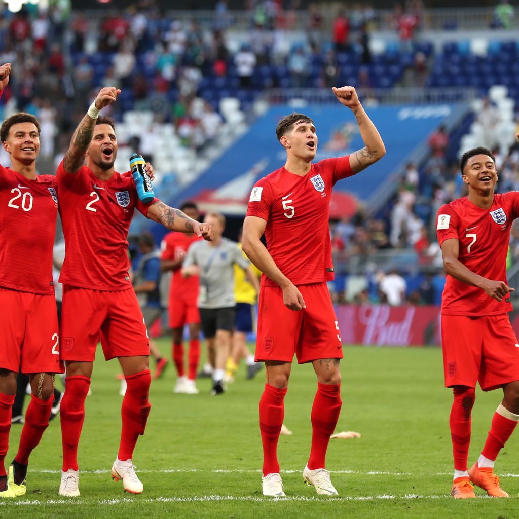 Harry Maguire, Dele Alli, Kyle Walker, John Stones und Jesse Lingard (v.l.) beim WM-Viertelfinale in