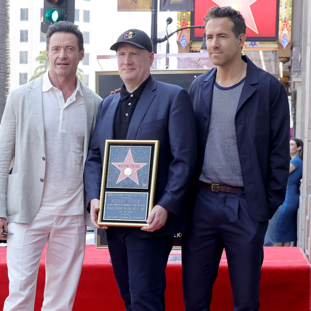 Hugh Jackman, Kevin Feige und Ryan Reynolds, Juli 2024