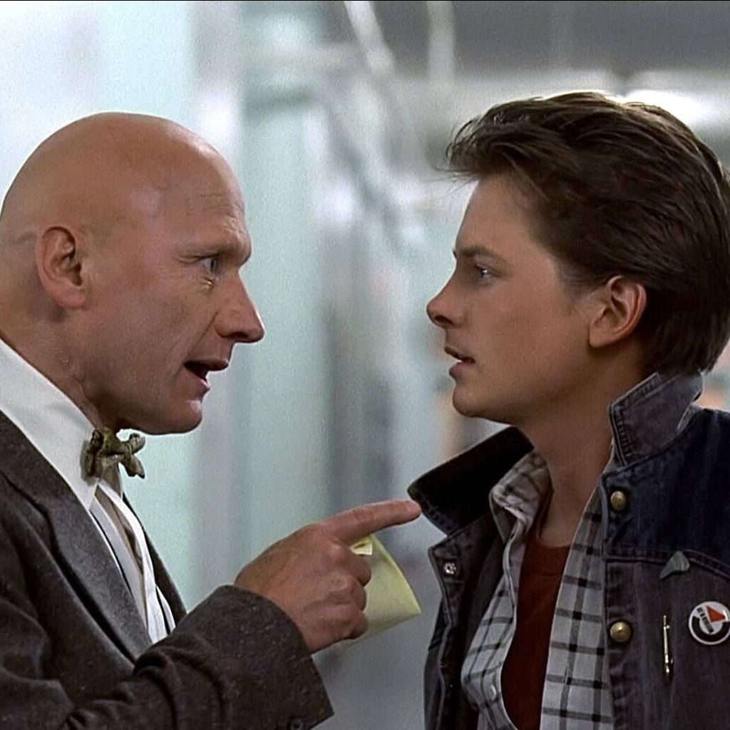 James Tolkan, Michael J. Fox und Claudia Wells in "Zurück in die Zukunft" (1985)