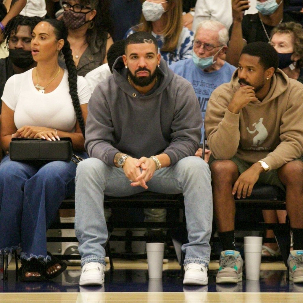 Johanna Leia, Drake und Michael B. Jordan bei einem Basketballspiel in Chatsworth