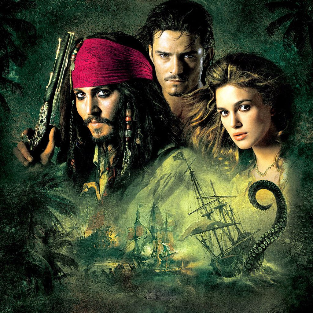 Johnny Depp, Orlando Bloom und Keira Knightley auf einem "Fluch der Karibik"-Plakat
