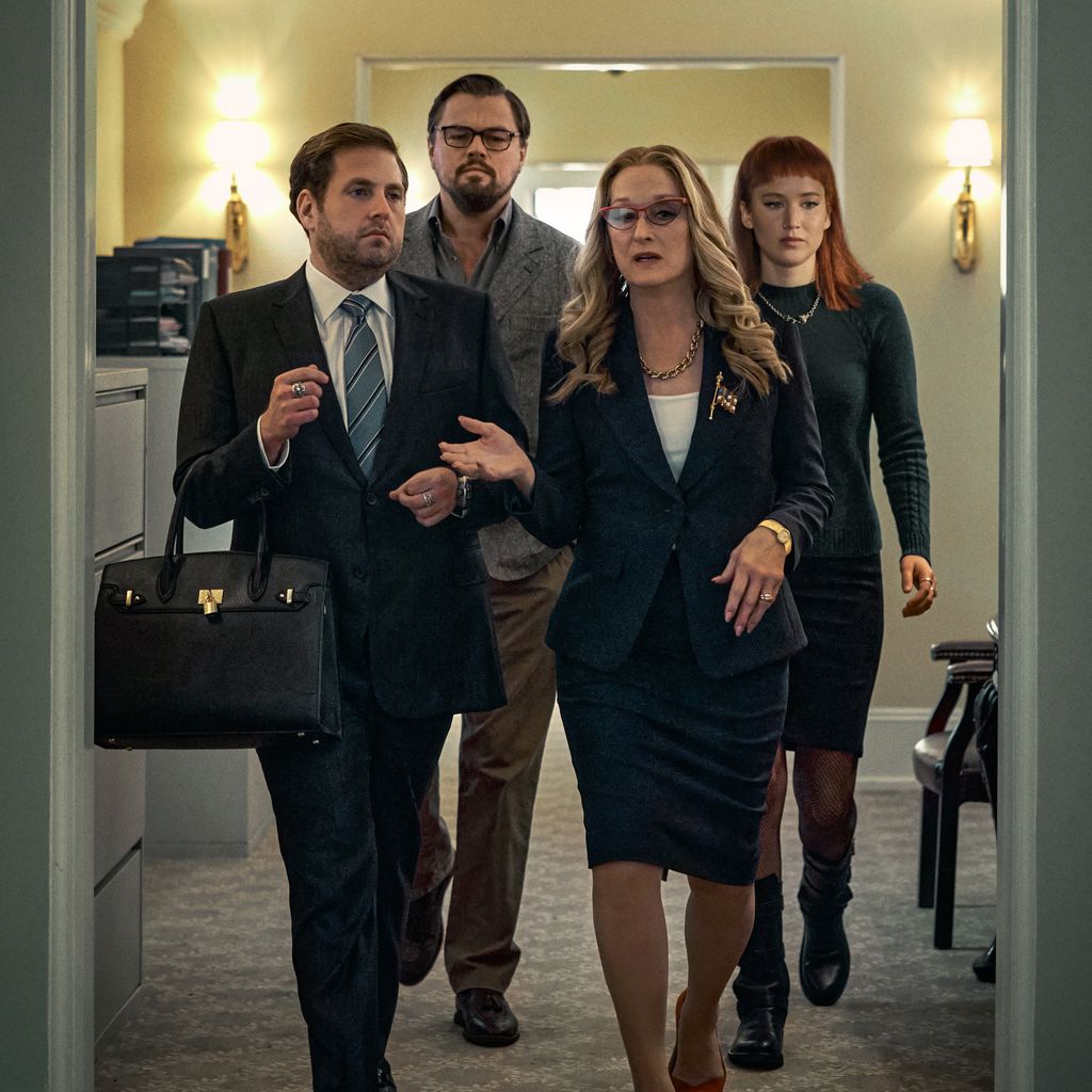 Jonah Hill, Leonardo DiCaprio, Meryl Streep und Jennifer Lawrence in "Don't Look Up"