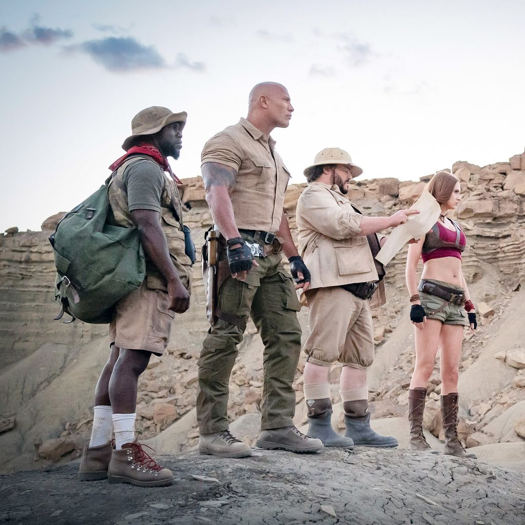 Kevin Hart, Dwayne Johnson, Jack Black und Karen Gillian in "Jumanji: The Next Level"