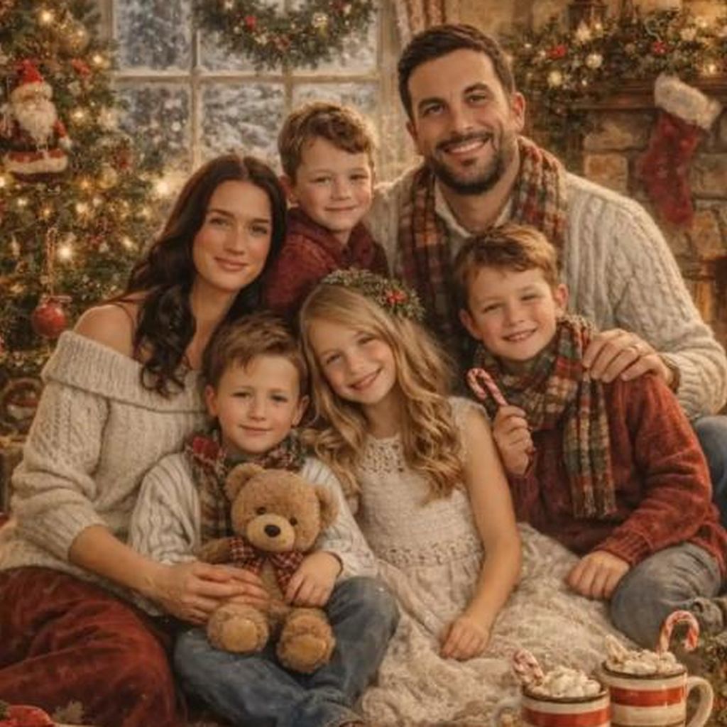 KI-Foto von Jade Roper Tolbert, ihrem Mann Tanner, ihren drei Kindern und dem zusätzlichen Jungen, Dezember 2025