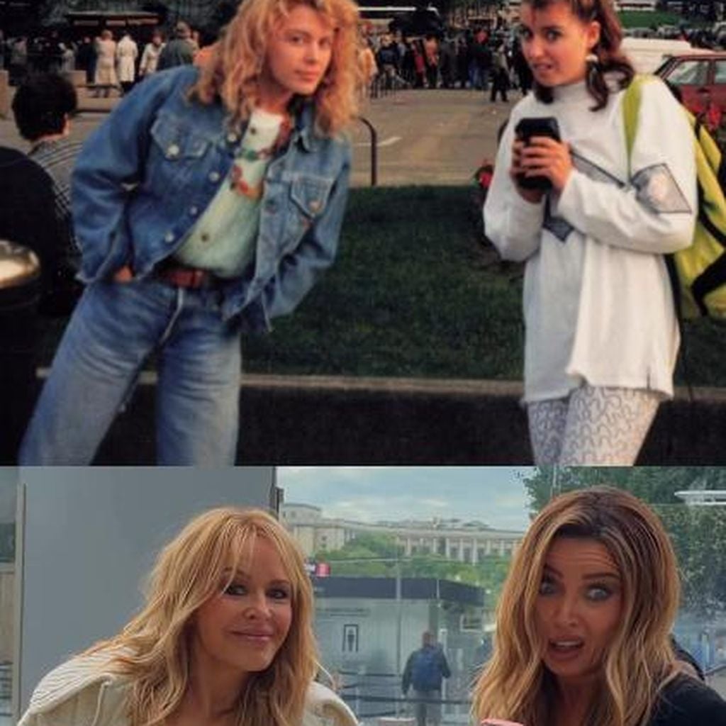 Kylie Minogue und Dannii Minogue stellen ein Bild von sich aus 1988 in Paris nach
