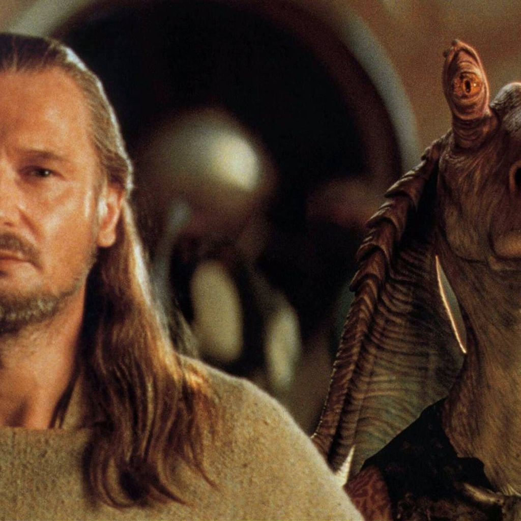 Liam Neeson und Ahmed Best als Jar Jar Binks in "Star Wars: Episode I – The Phantom Menace", 1999