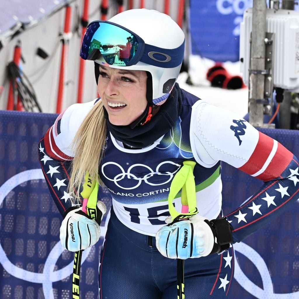 Lindsey Vonn reagiert beim Abfahrtstraining der Winterspiele Milano Cortina 2026 in Cortina d’Ampezzo