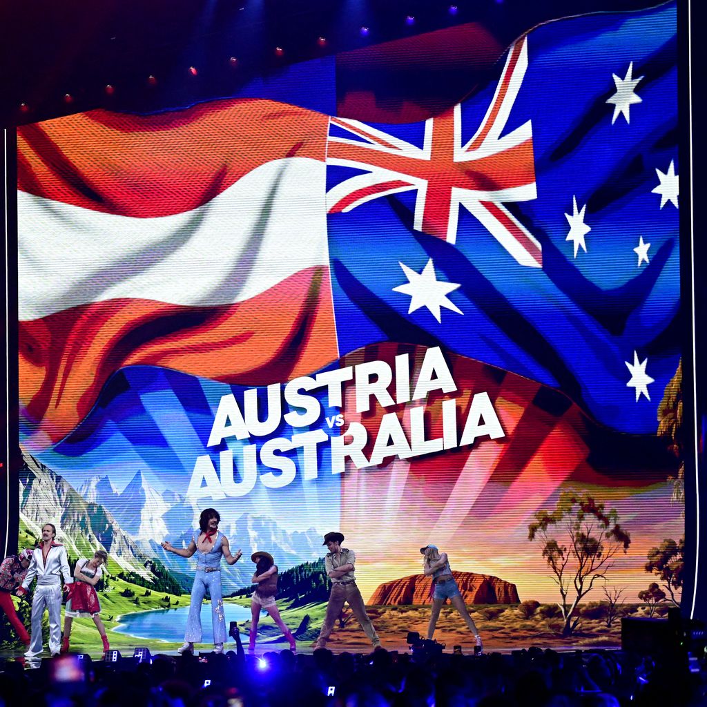 Go‑Jo, Victoria Swarovski und Michael Ostrowski singen beim ESC-Halbfinale über Austria vs. Australia, 12. Mai 2026