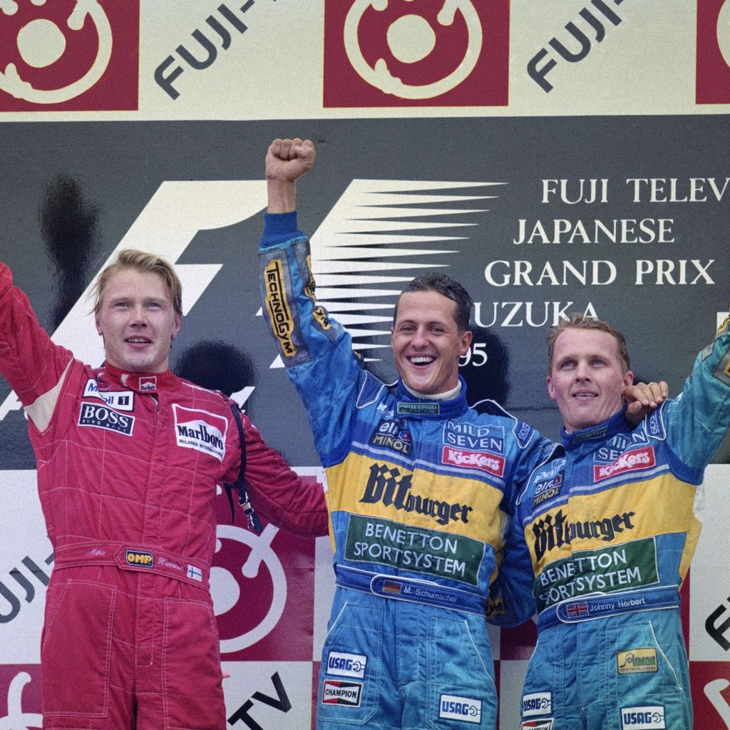 Mika Hakkinen, Michael Schumacher und Johnny Herbert beim Großen Preis von Japan 1995