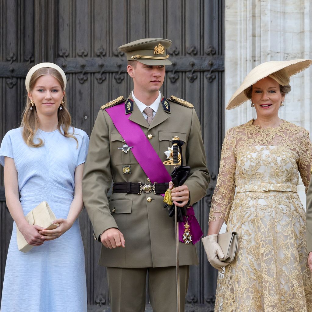 Prinzessin Eléonore, Prinz Gabriel, Königin Mathilde und König Philippe nach dem Te Deum am belgischen Nationalfeiertag in Brüssel, Juli 2026