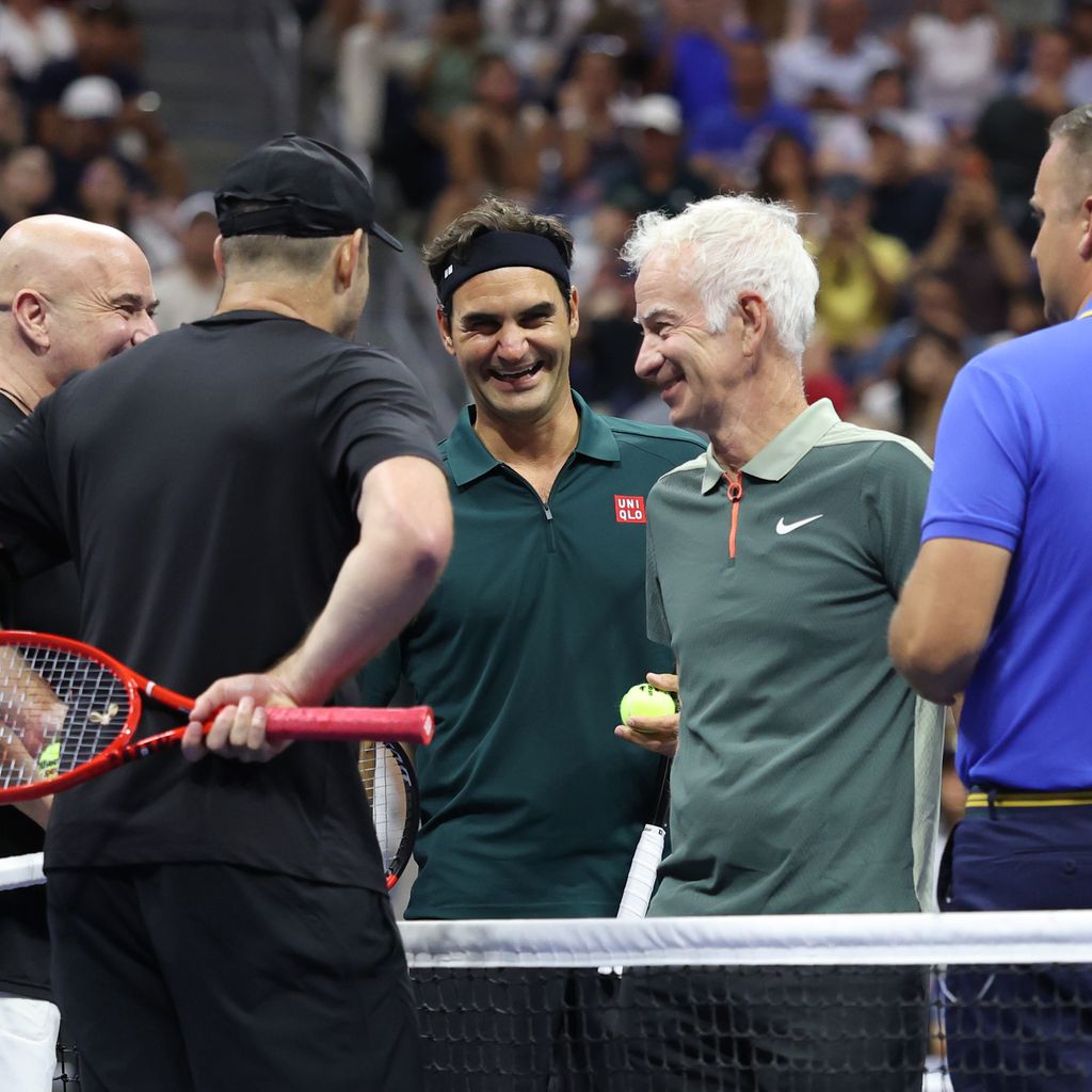 Roger Federer, John McEnroe, Andy Roddick und Andre Agassi bei der Fan Week im USTA Billie Jean King National Tennis Center