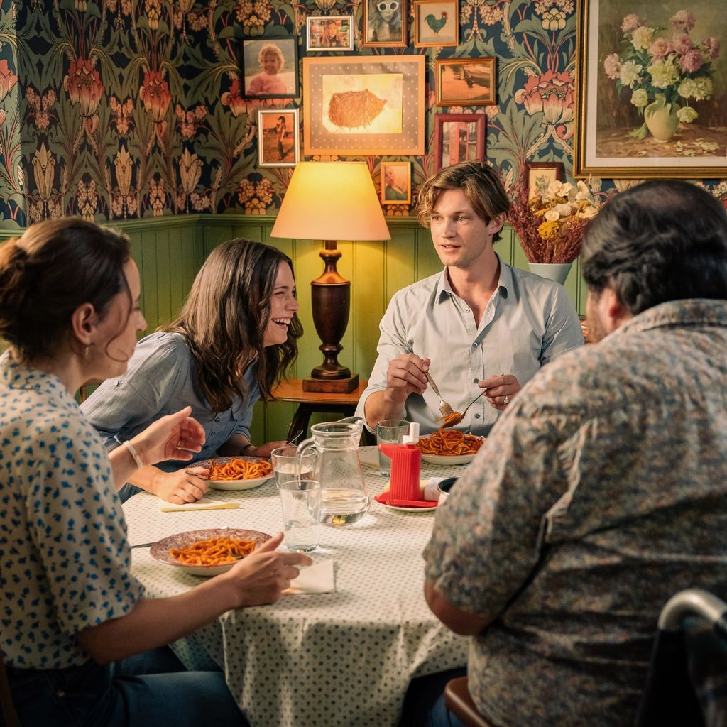 Ruby (Harriet Herbig-Matten) mit ihrer Familie und James (Damian Hardung) in "Maxton Hall"