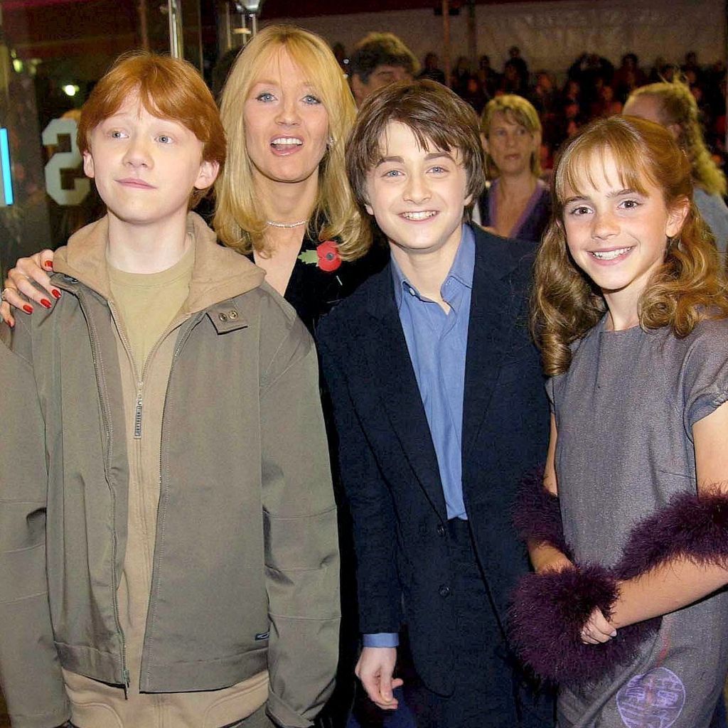 Rupert Grint, J.K. Rowling, Daniel Radcliffe und Emma Watson 2001 bei der "Harry Potter"-Premiere