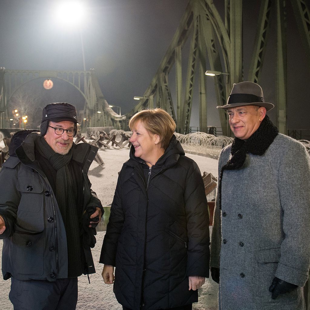 Steven Spielberg, Angela Merkel und Tom Hanks, 2015 in Berlin