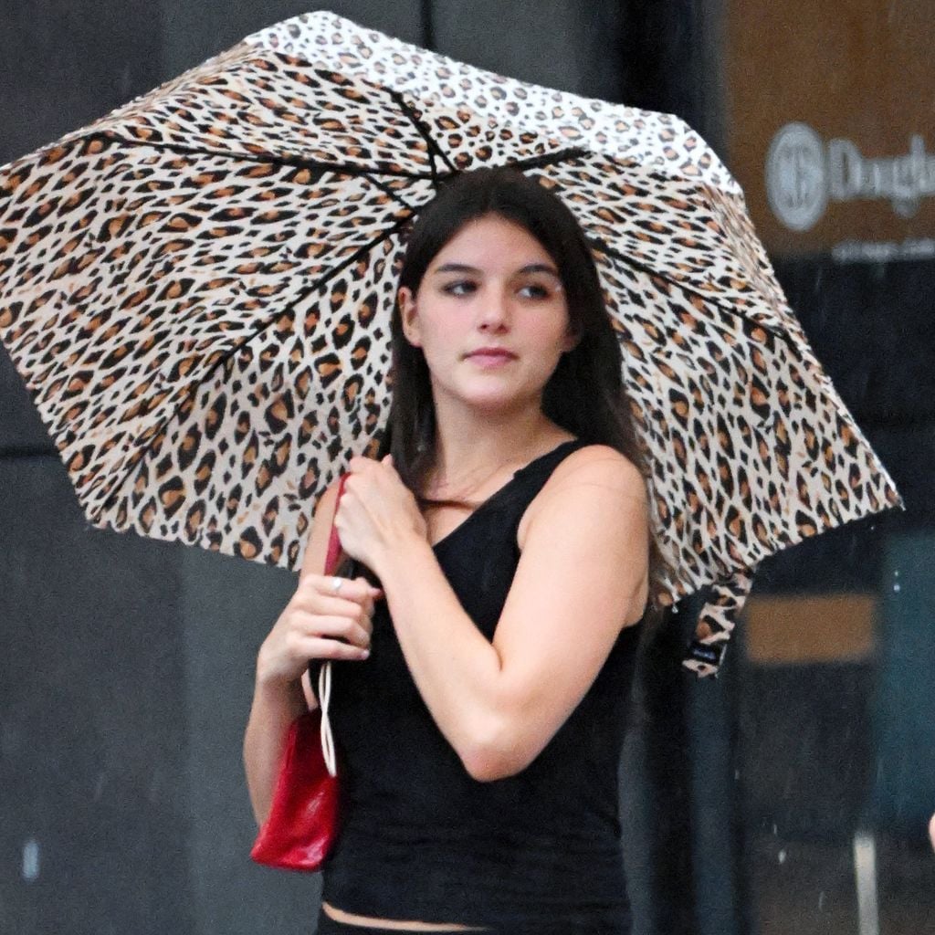 Person mit Leopardenmuster-Regenschirm in Brooklyn im Regen unterwegs