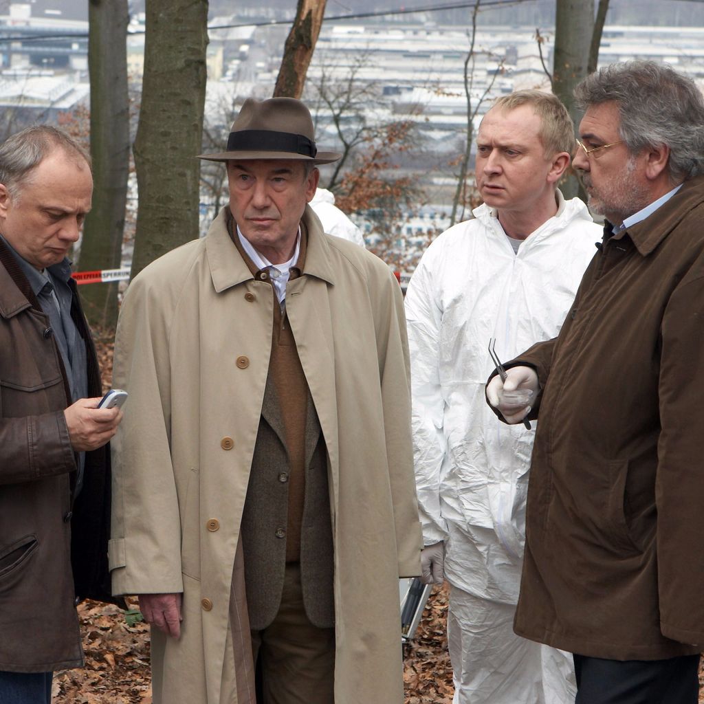 "Tatort"-Kollegen Rüdiger Wandel, Dietz-Werner Steck, Dirk Salomon und Klaus Spürkel am Set
