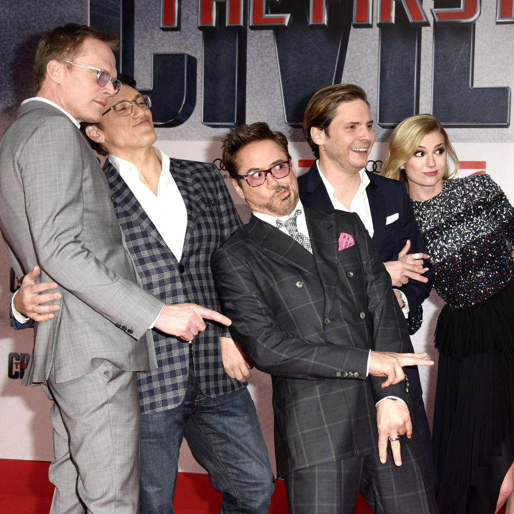 Daniel Brühl, Robert Downey Junior, Emily VanCamp, Anthony Russo und Paul Bettany
