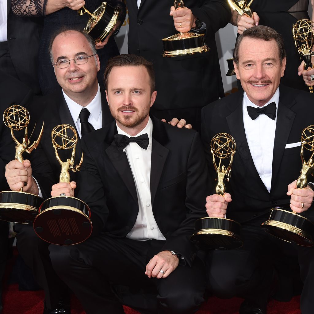 Thomas Schnauz, Aaron Paul, Bryan Cranston und Bob Odenkirk bei den Emmy Awards 2014 in Los Angeles