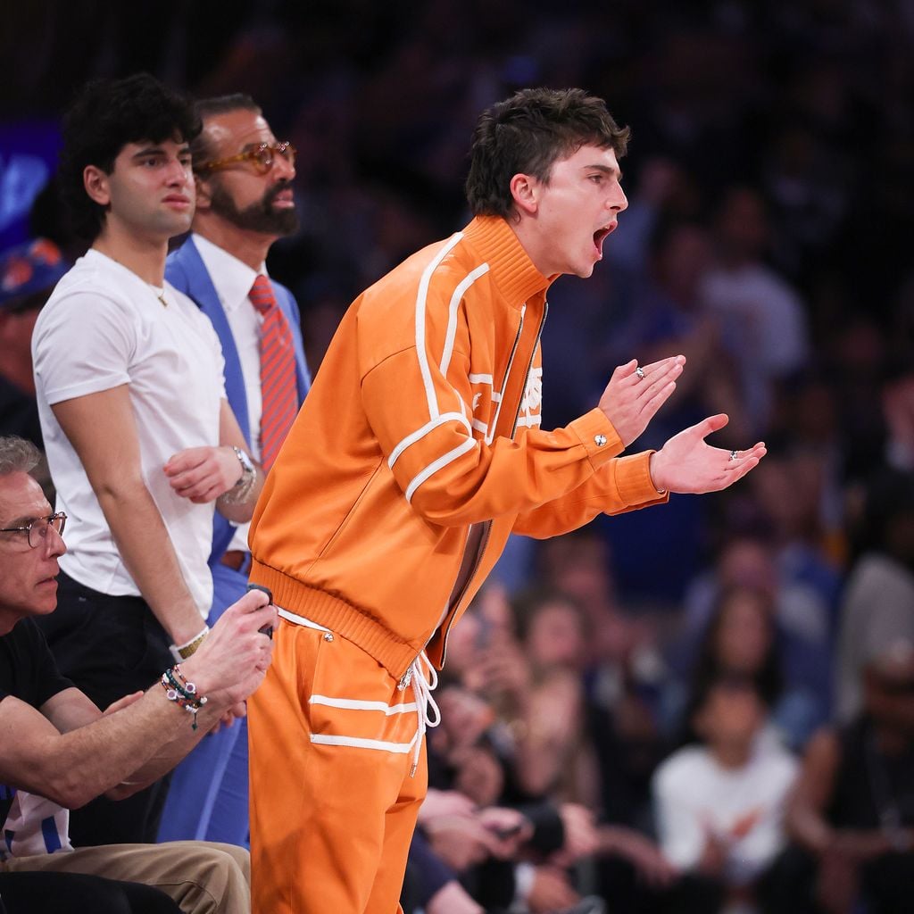 Timothée Chalamet reagiert während Spiel drei der NBA Finals zwischen den San Antonio Spurs und den New York Knicks im Madison Square Garden