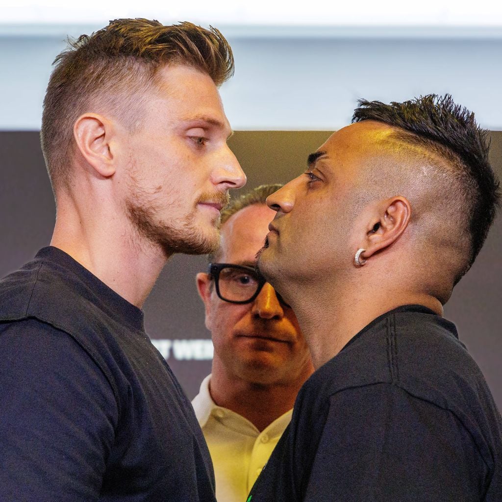 Tommy Pedroni und Fes Batista beim Face-off vor dem Fame Fighting in Leverkusen