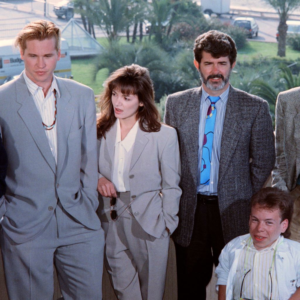 Val Kilmer, Joanne Whalley, George Lucas, Ron Howard und Warwick Davis, Mai 1988