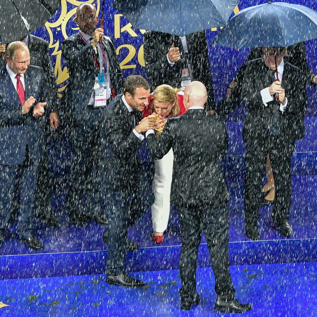 Wladimir Putin, Emmanuel Macron und Kolinda Grabar-Kitarovic nach dem WM-Finale 2018
