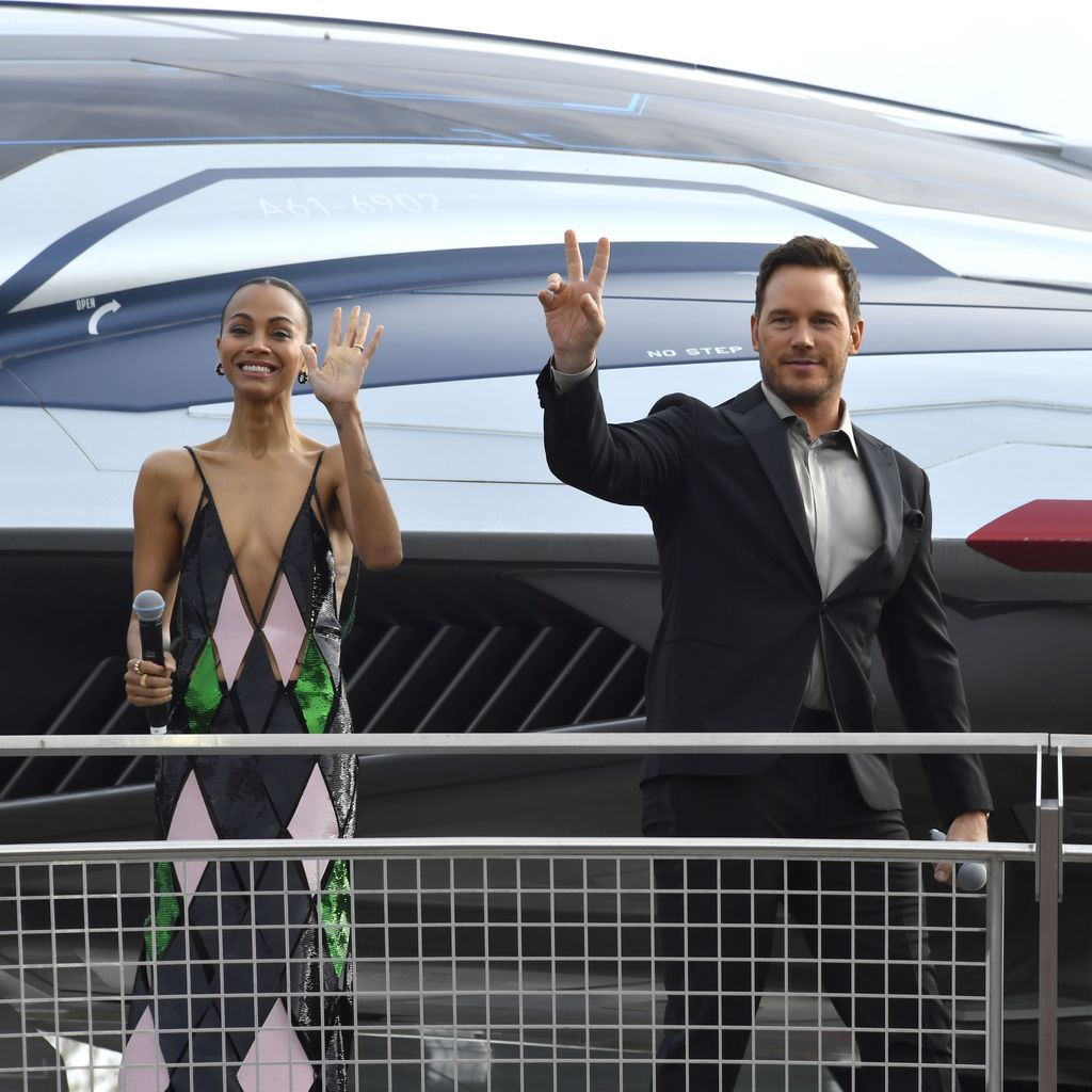 Zoe Saldana, Chris Pratt und James Gunn im April 2023