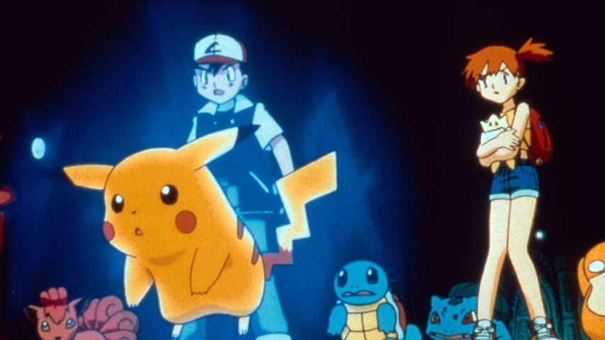 Ash und Misty mit Pikachu, Vulpix, Shiggy, Bisasam und Enton