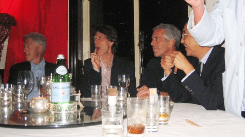 Auf einem von der US-Justiz veröffentlichten Foto zu sehen: Bill Clinton, Mick Jagger und Jeffrey Epstein