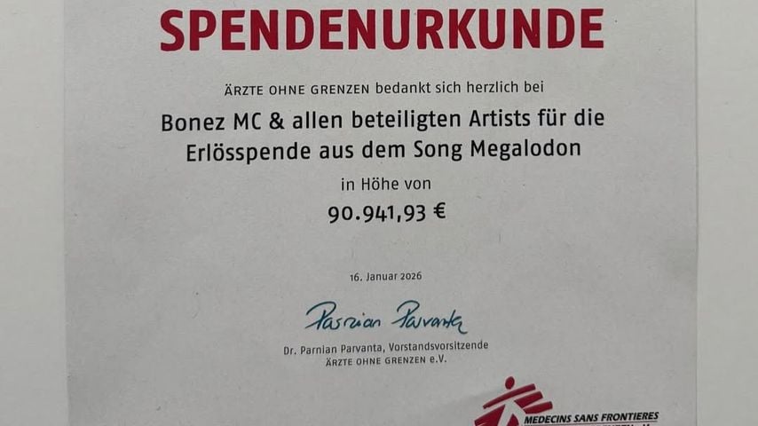 Bonez MC postet eine Spendenurkunde in Höhe von 90.941,93 € auf Instagram im Februar 2025