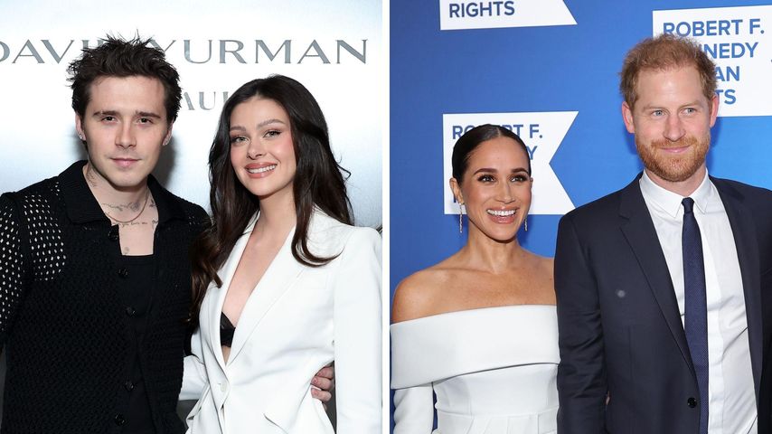 Collage: Brooklyn und Nicola Peltz-Beckham und Herzogin Meghan mit Prinz Harry