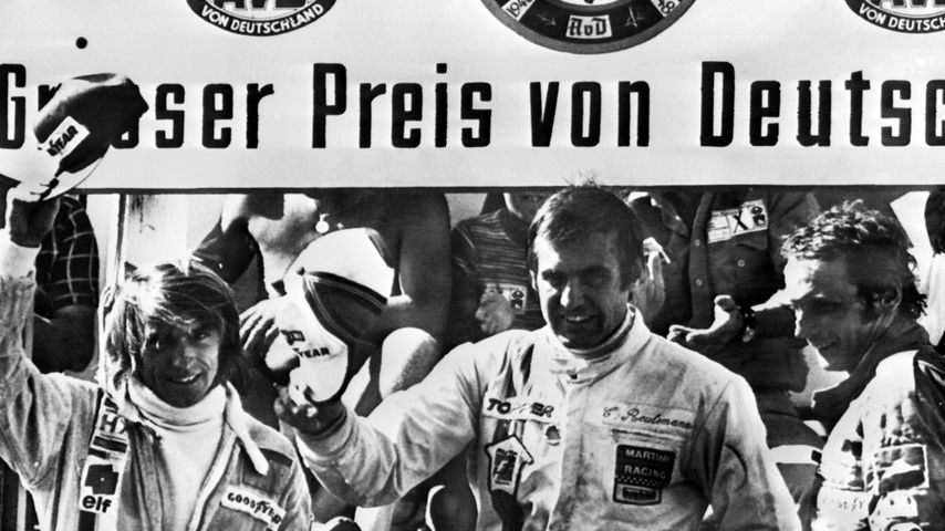 Jacques Laffite, Carlos Reutemann und Niki Lauda am Nürburgring, 1975