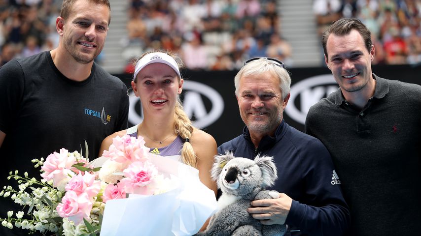 Caroline Wozniacki mit ihrem Mann David, ihrem Vater Piotr und ihrem Bruder Patrick